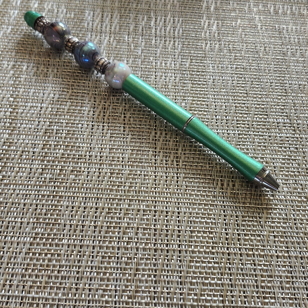 Hand Crafted Green and Silver Beaded Pen